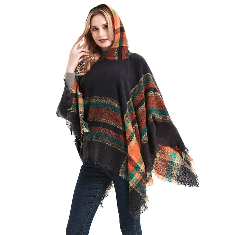 

Women Autumn Winter New Hooded Ponchos Capes Thick Warm Tassel Striped Shawl Scarf Pashmina Cloak Travel Tippet Christmas Gift