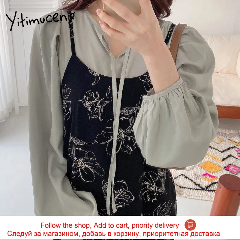 Yitimuceng Fashion 2 Piece Blouse and Camis Dress for Women Puff Sleeve Oversized Shirt Floral Print A-line Dresses 2021 Summer 
Yitimuceng Fashion 2 Piece Blouse and Camis Dress for Women Puff Sleeve Oversized Shirt Floral Print A-line Dresses 2021 Summer