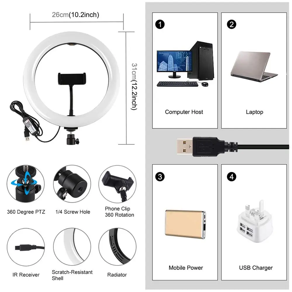 Selfie Ring Light 360-degree Rotatable Ball Head Stabilizer Dimmable USB Ring Light for Photography Streaming with Remote Contro 
Selfie Ring Light 360-degree Rotatable Ball Head Stabilizer Dimmable USB Ring Light for Photography Streaming with Remote Contro