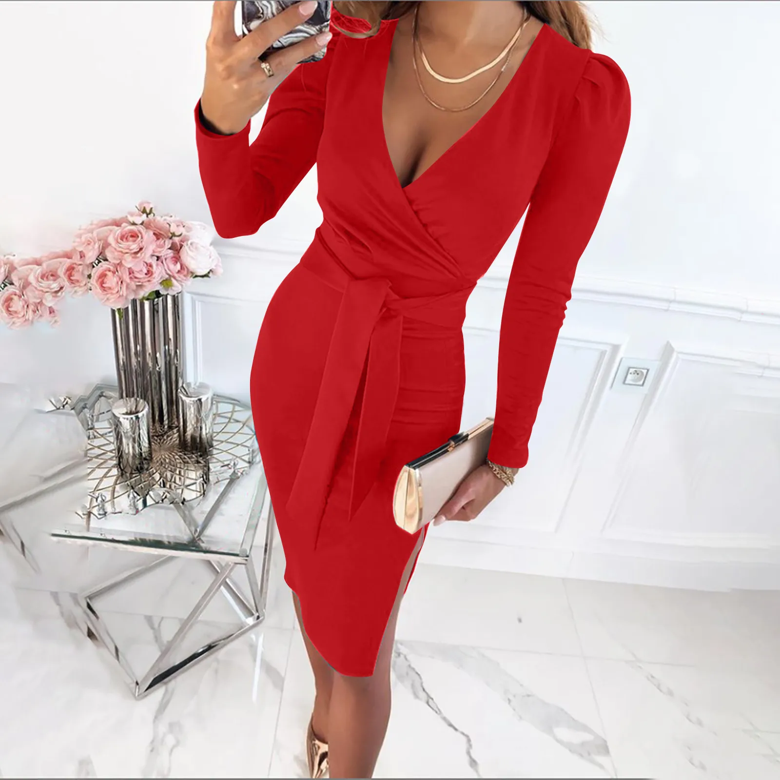 2021 Women's Elegant Midi Dress Fashion V-Neck Long Sleeve Bodycon Dress For Women Office Lady Bandage Dress Outwear sukienka
2021 Women's Elegant Midi Dress Fashion V-Neck Long Sleeve Bodycon Dress For Women Office Lady Bandage Dress Outwear sukienka
