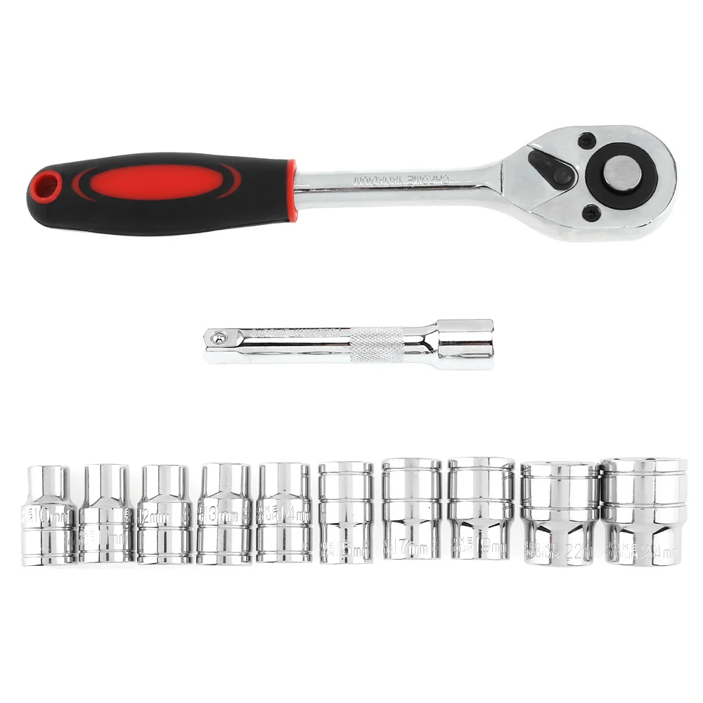 12pcs/set Socket Wrench Set 1/2 inch Ratchet Spanner Professional Hand Tools with 125mm Connecting Rod 10-24mm | Инструменты