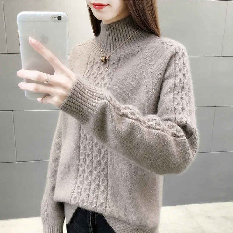 

Autumn Winter Women Long Sleeve Sweater Casual Mock Neck Solid Color Brief Knitwear Female Knitted Pullovers Vintage Soft Tops
