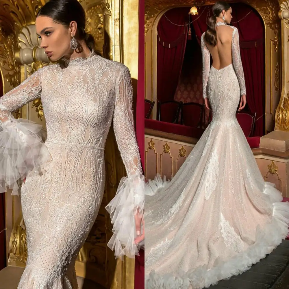 Mermaid Wedding Dresses High Collar Long Sleeves Bridal Gowns Custom Made Lace Applique Open Back Sweep Train Wedding Dress 2021
Mermaid Wedding Dresses High Collar Long Sleeves Bridal Gowns Custom Made Lace Applique Open Back Sweep Train Wedding Dress 2021