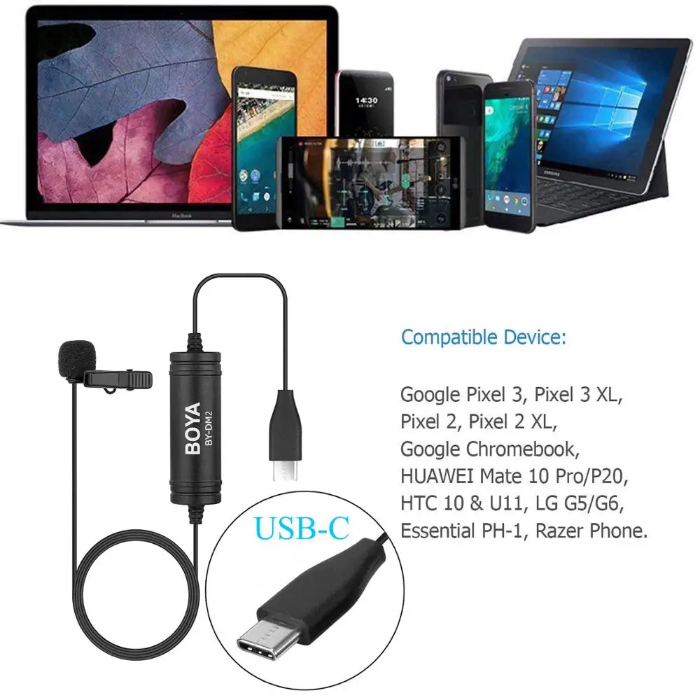Петличный микрофон BOYA с креплением интерфейсом USB Type-C для смартфонов Android Huawei Mate 10