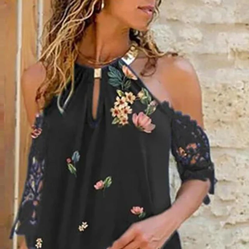 Women Cold Shoulder Halter Floral Print Mini Dresses Fashion Female Loose Fit Summer Above Knee Short Casual Dress 
Women Cold Shoulder Halter Floral Print Mini Dresses Fashion Female Loose Fit Summer Above Knee Short Casual Dress