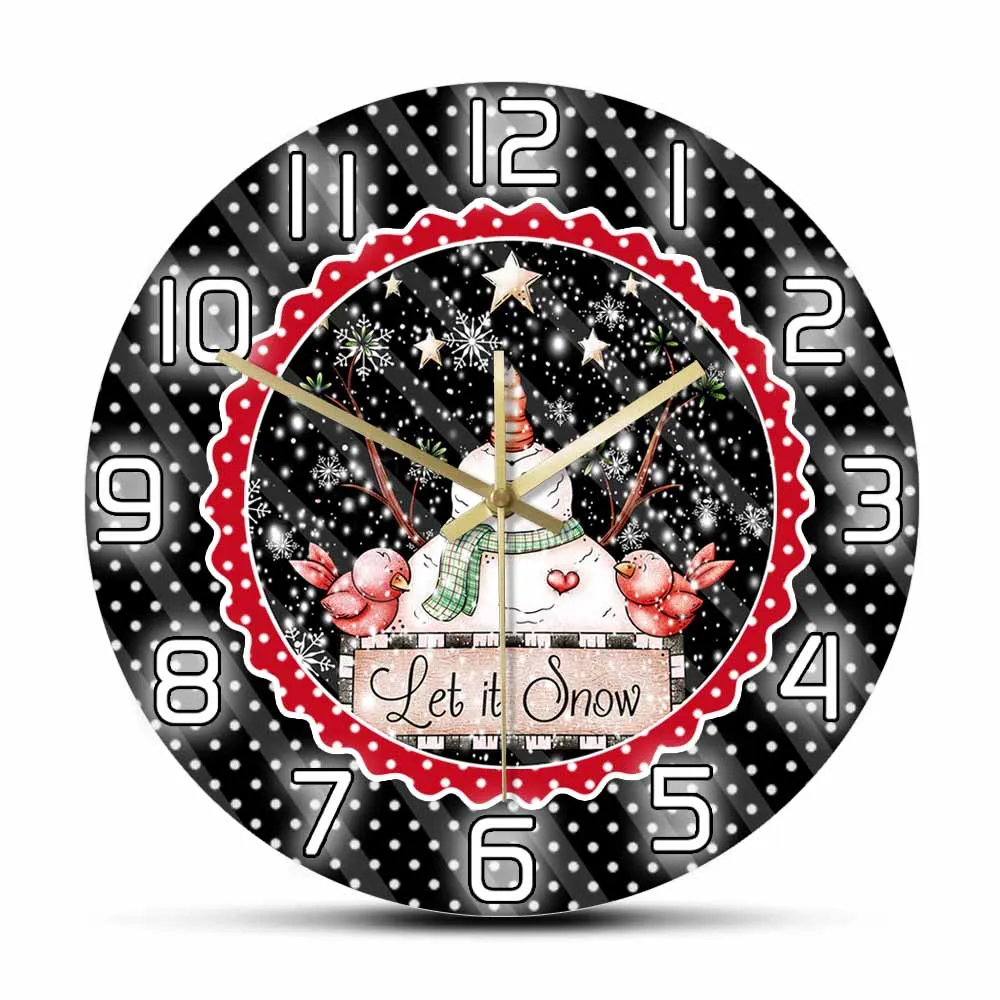 

Snowman At Night With Cardinal Birds Winter Holiday Nursery Wall Clock Let It Snow Christmas Home Decor Silent Non Ticking Watch