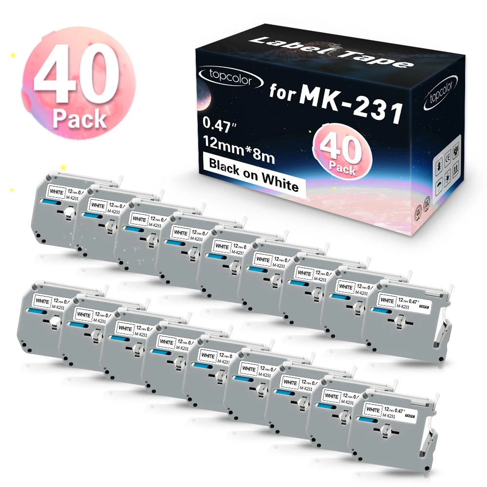 

40PK M-K231 12mm Tape Replace Brother MK Label Tape MK231 MK-231 M231 Compatible Brother P-Touch Label Maker PT70 PT80 PT90 PT65