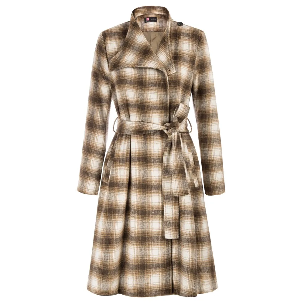 KK Women Knee Length Plaided Overcoat With Belt Asymmetric Neck Coat With Belt-fitted Loops Matched Belt Is Removable
KK Women Knee Length Plaided Overcoat With Belt Asymmetric Neck Coat With Belt-fitted Loops Matched Belt Is Removable
