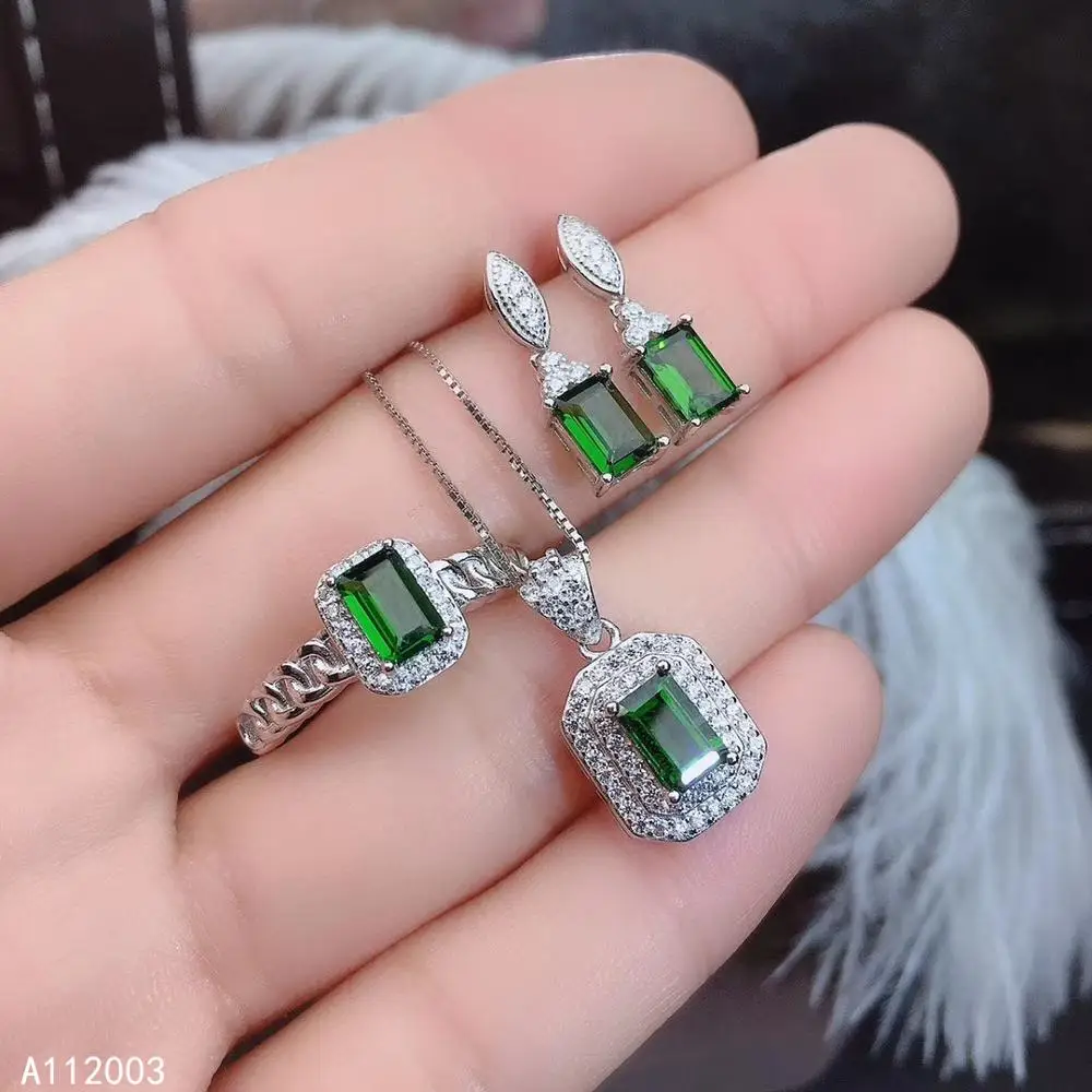 

KJJEAXCMY Fine Jewelry 925 sterling silver inlaid natural diopside ring pendant earring set trendy supports test