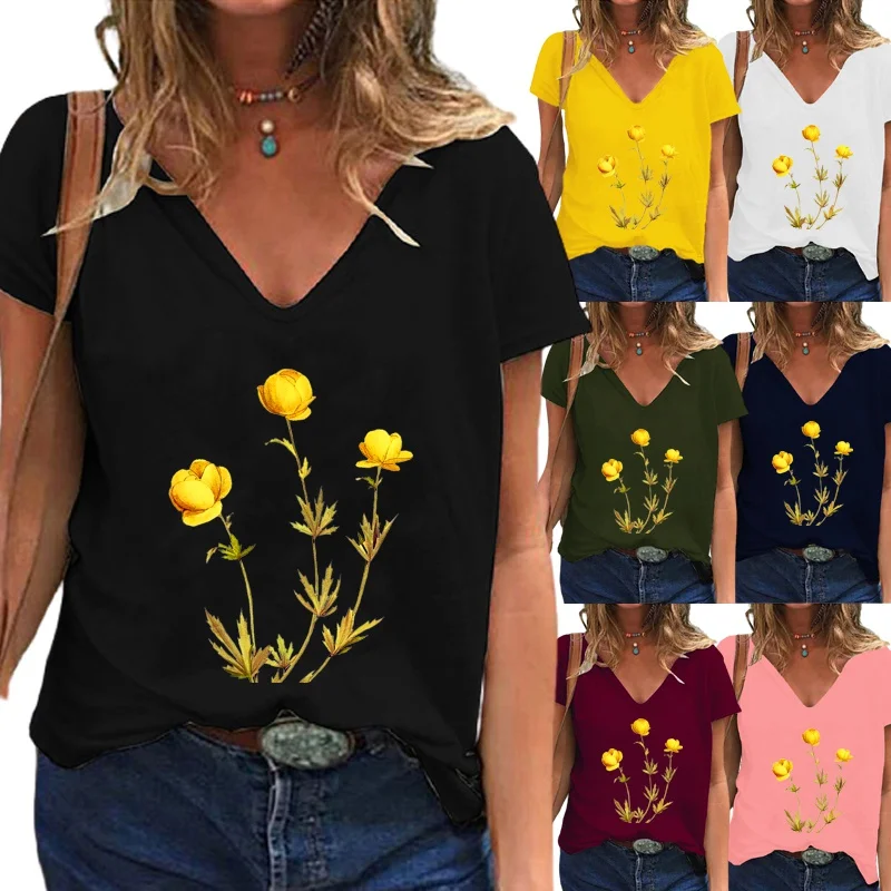Women's New Summer Fashion Flowers Printed T-shirt Casual Short Sleeve Deep V-neck Tee Solid Color Pullover Blouse Tops
Women's New Summer Fashion Flowers Printed T-shirt Casual Short Sleeve Deep V-neck Tee Solid Color Pullover Blouse Tops