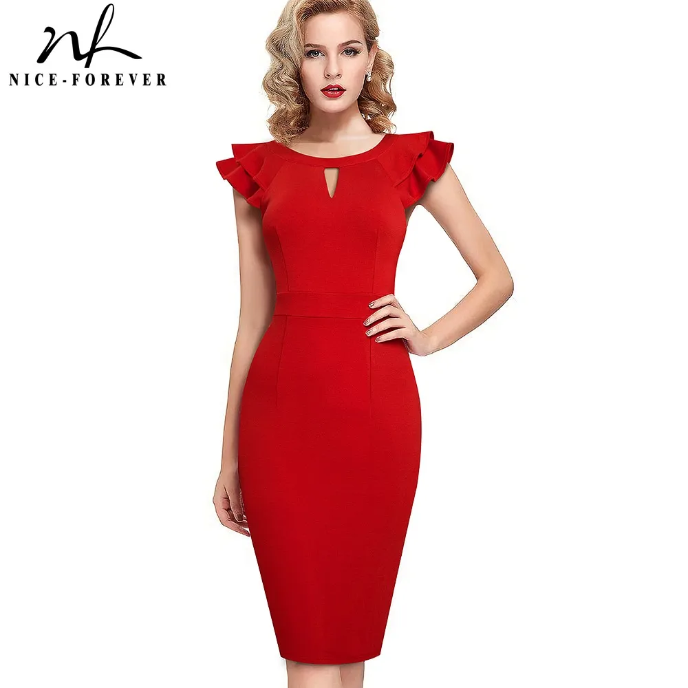 Nice-forever Summer Women Fashion Ruffle Sleeve Dresses Work Business Party Vintage Bodycon Slim Dress B648
Nice-forever Summer Women Fashion Ruffle Sleeve Dresses Work Business Party Vintage Bodycon Slim Dress B648