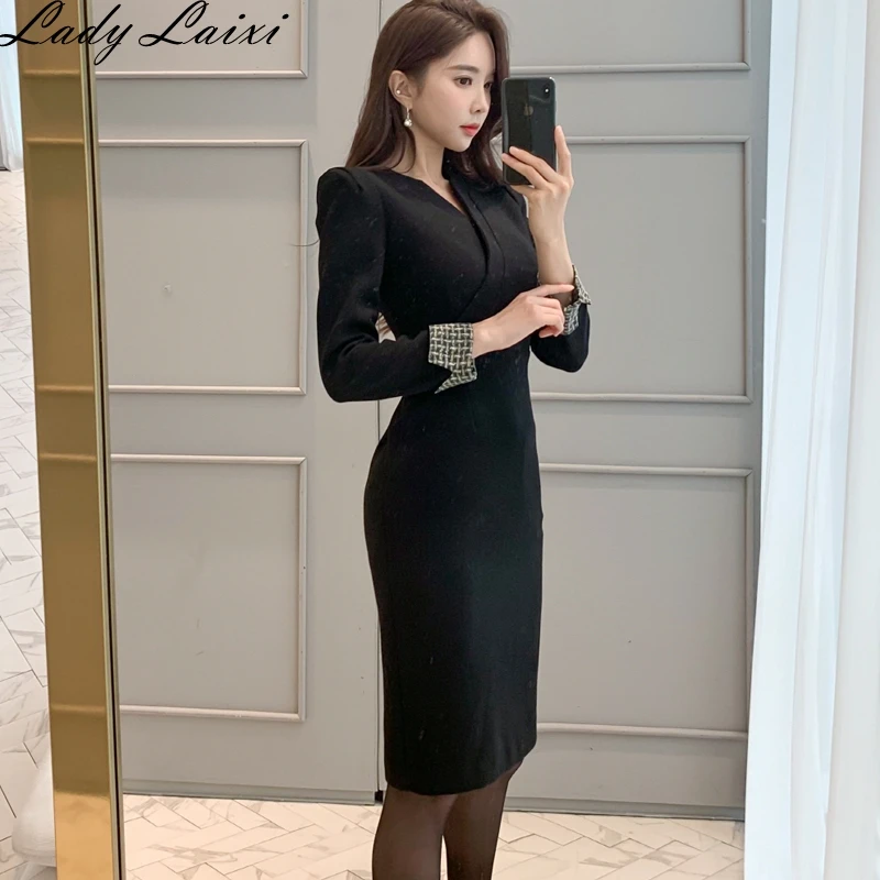 Elegant patchwork color office dress women long sleeve casual 2020 Autumn ladies dresses slim bodycon pencil for | Женская одежда