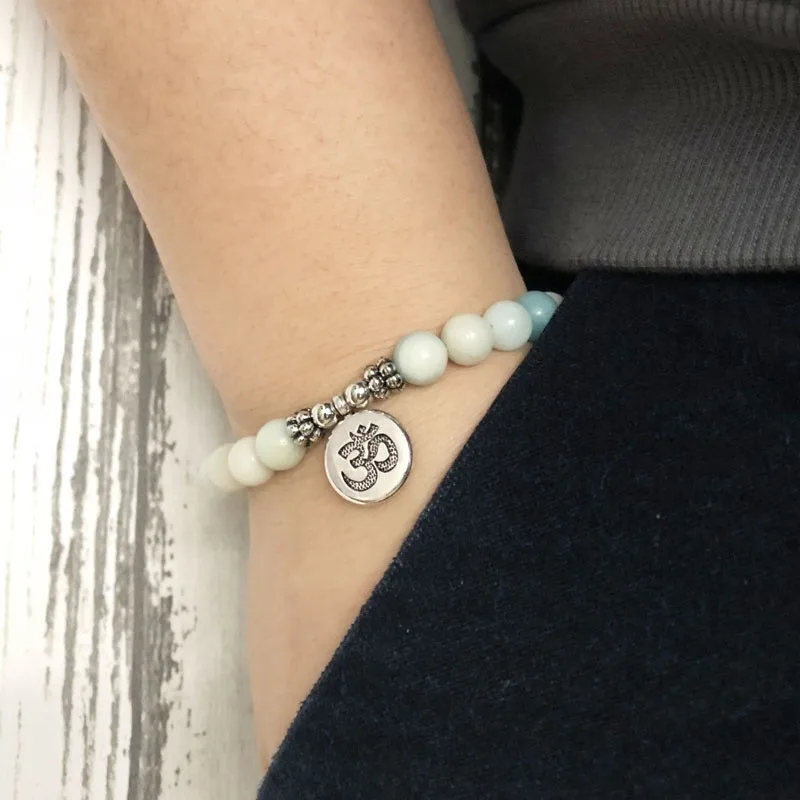Men Amazoned Stones Bracelet homme OM Lotus Buddha pulsera hombre Beaded Stretch Charm Lava Chakra Bracelets For Women Jewelry | Украшения