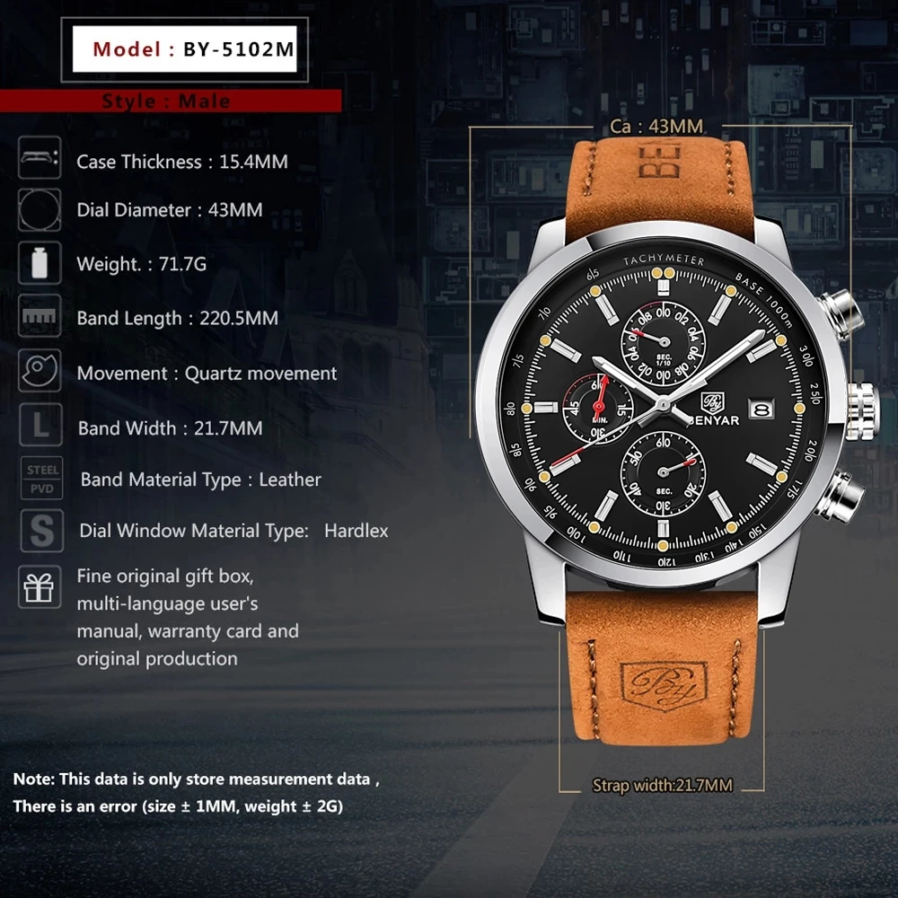 BENYAR Watch Men's Luxury Brand Quartz Chronograph Reloj Hombre Fashion Casual Business Sports Male Clock Relogio Masculino
BENYAR Watch Men's Luxury Brand Quartz Chronograph Reloj Hombre Fashion Casual Business Sports Male Clock Relogio Masculino