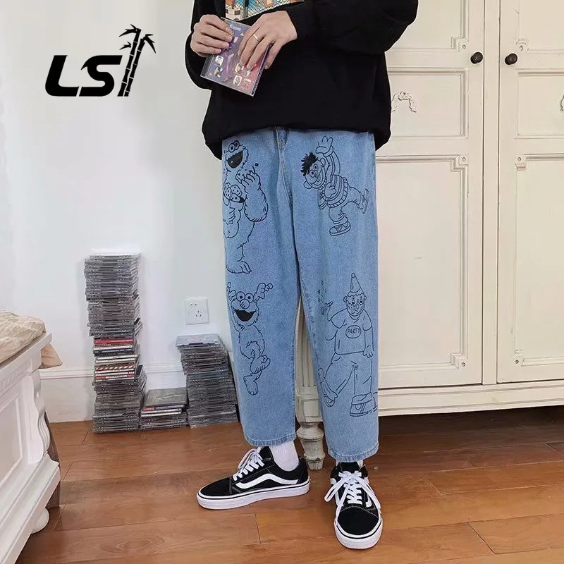 Men's cartoon printed jeans BF Harajuku fashion brand street casual fashion graffiti loose wide-leg cropped pants blue 
Men's cartoon printed jeans BF Harajuku fashion brand street casual fashion graffiti loose wide-leg cropped pants blue