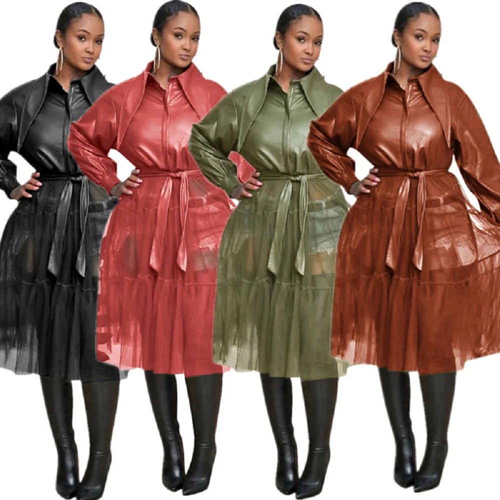 Women Autumn Winter PU Leather Coat Mesh Patchwork Trench Coats Long Sleeve Belt Bandage Zipper Jackets
Women Autumn Winter PU Leather Coat Mesh Patchwork Trench Coats Long Sleeve Belt Bandage Zipper Jackets