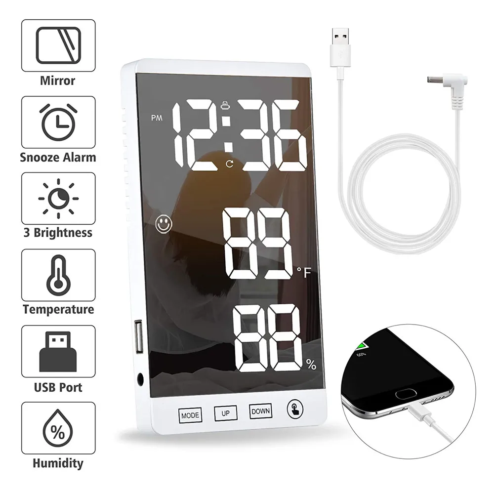 6 Inch LED Mirror Alarm Clock Touch Button Wall Digital Clocks Time Temperature Humidity Display USB Port Table Electronic Clock
6 Inch LED Mirror Alarm Clock Touch Button Wall Digital Clocks Time Temperature Humidity Display USB Port Table Electronic Clock