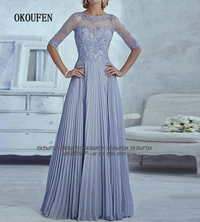 Mother of the Bride Dresses for Wedding 2021 Pleats Skirt Sheer Evening Gowns Half Sleeves Illusion Neck Formal vestido Lavender
Mother of the Bride Dresses for Wedding 2021 Pleats Skirt Sheer Evening Gowns Half Sleeves Illusion Neck Formal vestido Lavender