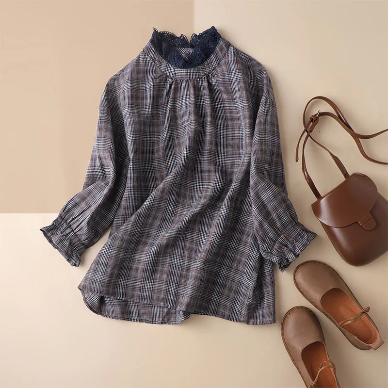 SHUCHAN Ladies Tops Japan Style Stand Neck Plaid Linen Women Blouse 2021 Long Sleeve Top Women Shirt Spring
SHUCHAN Ladies Tops Japan Style Stand Neck Plaid Linen Women Blouse 2021 Long Sleeve Top Women Shirt Spring