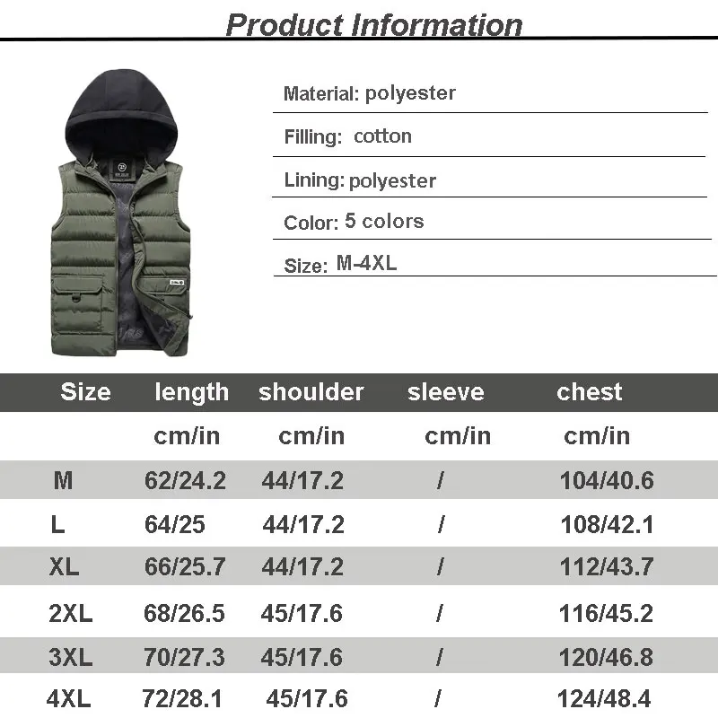 Men's Vest Jacket Autumn Winter Sleeveless Jacket Hood Mens Casual Solid Black Plus Size 4XL Cotton Gilet Chalecos Casacos
Men's Vest Jacket Autumn Winter Sleeveless Jacket Hood Mens Casual Solid Black Plus Size 4XL Cotton Gilet Chalecos Casacos