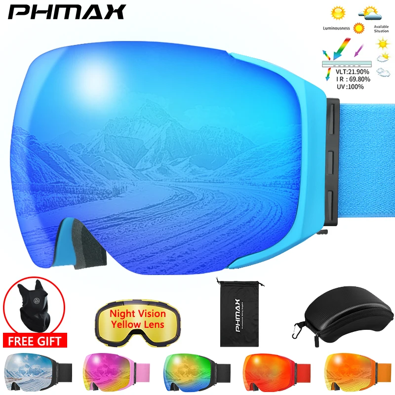 

PHMAX Winter Ski Goggles Magnetic Snowboard Goggles Night Vision Lenses Skiing Glasses Double-Layer Anti-Fog Snowmobile Eyewear