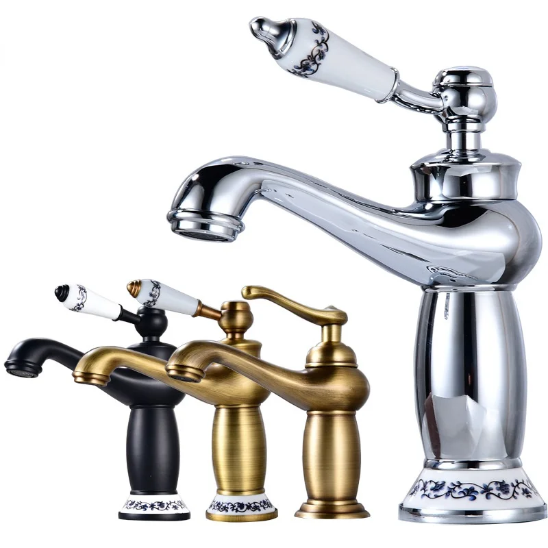 

Brass Chrome Basin Faucets Bronze Finish Basin Sink Water Mixer Taps Hot & Cold Single Handle Bath Crane Ceramic Plate Spool