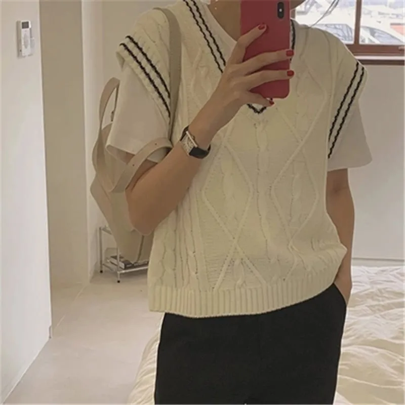 

Korean Women's Sweater Vest Brief Solid Colorv-neck Sleeveless Knit Gilet Female 2021 Fashion Tide Autumn Winter