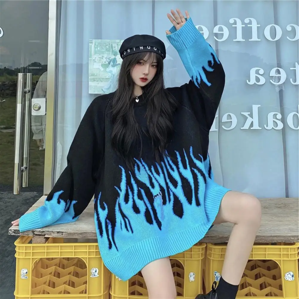 Women Loose Plus Size Flame Color Matching O Neck Knitted Sweater Pullover Tops Hip Hop Oversized Knitting Pullover Top 
Women Loose Plus Size Flame Color Matching O Neck Knitted Sweater Pullover Tops Hip Hop Oversized Knitting Pullover Top