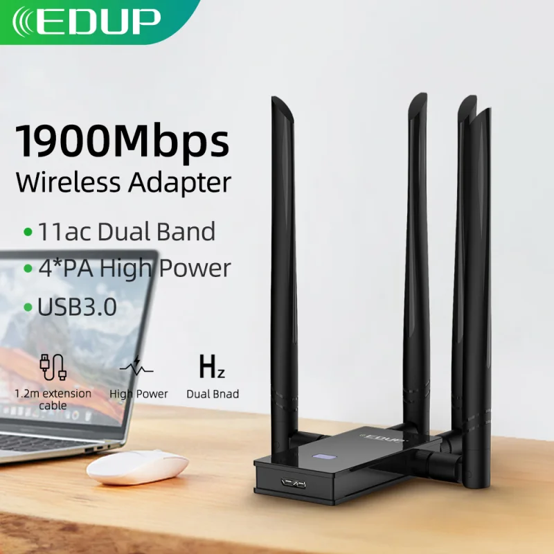 

EDUP 5GHz USB WIFI Adapter 1900mbps 802.11ac Long Distance WiFi Receiver with 4*6dBi Antennas USB 3.0 Wireless Ethernet Adapter