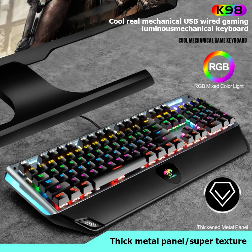K98 USB Wired Gaming Mechanical Keyboard 104 Keys Blue Switch RGB Backlight Computer PC Gamer Keyboard for Win XP/7/8/10 MAC10.2
K98 USB Wired Gaming Mechanical Keyboard 104 Keys Blue Switch RGB Backlight Computer PC Gamer Keyboard for Win XP/7/8/10 MAC10.2