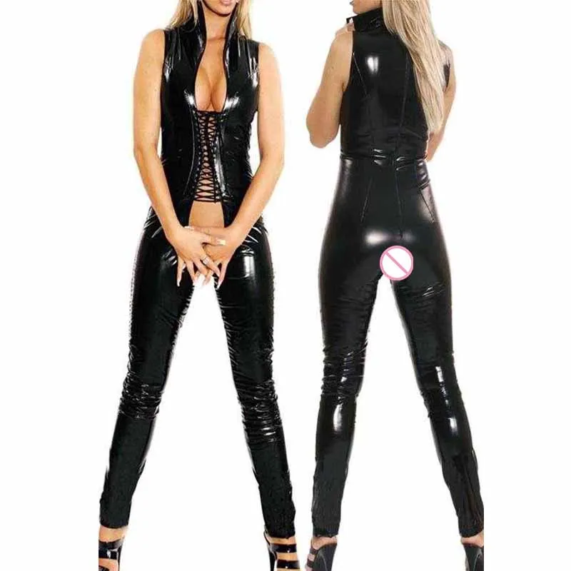 Playsuit комбинезон мода из искусственной кожи костюм винил сексуальная открытая