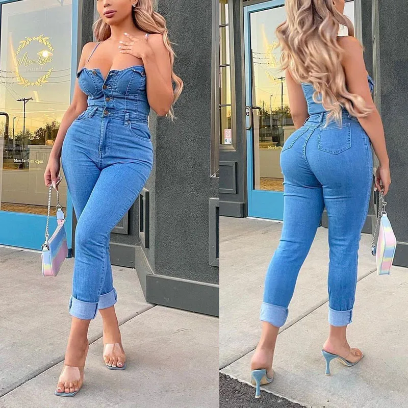 Street Fashion Pocket Button Design Skinny Bandeau Jeans Jumpsuit Women Spaghetti Strap Sleeveless Denim Romper Overalls
Street Fashion Pocket Button Design Skinny Bandeau Jeans Jumpsuit Women Spaghetti Strap Sleeveless Denim Romper Overalls