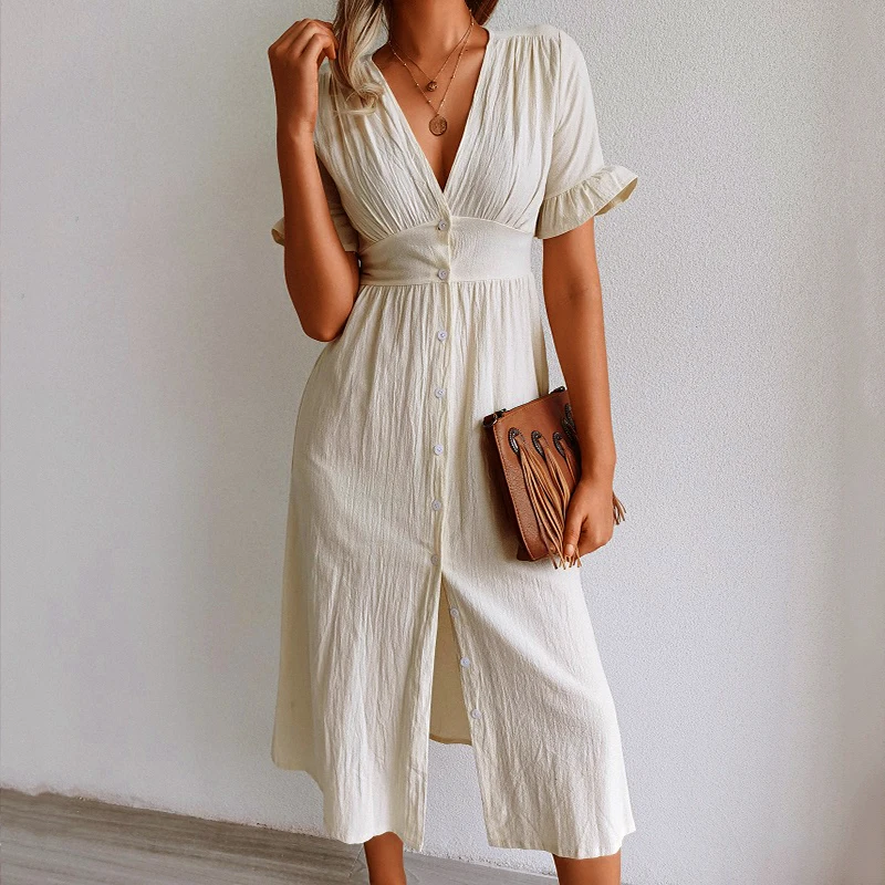 Holiday vintage dress summer 2021 women's color V-neck buttoned 65% cotton midi dress lace short sleeve long dress vestidos
Holiday vintage dress summer 2021 women's color V-neck buttoned 65% cotton midi dress lace short sleeve long dress vestidos