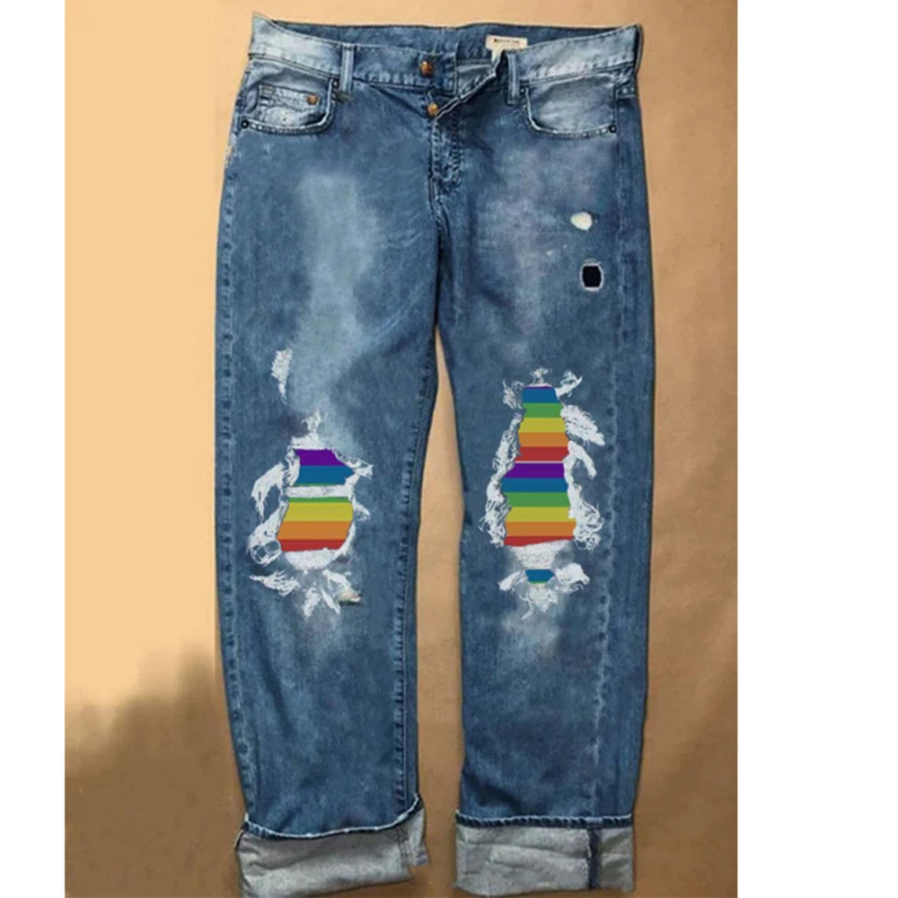 Ripped Jeans Straight Leg High Waist New Boyfriend Women's Jeans Contrasting Color Rainbow Stripes Ripped Hot Women's Trousers
Ripped Jeans Straight Leg High Waist New Boyfriend Women's Jeans Contrasting Color Rainbow Stripes Ripped Hot Women's Trousers