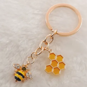 Cute insect enamel bee keychain fashion geometric honeycomb bee 3D printed glass dome key ring chain bumblebee trinket