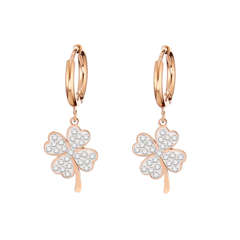 Rose Gold Plated Stainless Steel Four Clover Earrings Korean pop Jewelry Fashion Crystal Earrings For Women Accessories 2021
Rose Gold Plated Stainless Steel Four Clover Earrings Korean pop Jewelry Fashion Crystal Earrings For Women Accessories 2021