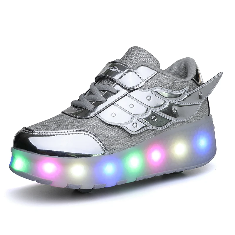 Children One Two Wheels Luminous Glowing Sneakers Gold Pink Led Light Roller Skate Shoes Kids Boys Girls USB Charging | Детская одежда