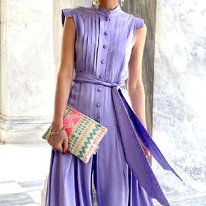 Fashion Stand Collar Chiffon Button Printed Lace-up Wide-leg Pants Jumpsuit Elegant Slim Sleeveless Summer Loose Party Jumpsuits
Fashion Stand Collar Chiffon Button Printed Lace-up Wide-leg Pants Jumpsuit Elegant Slim Sleeveless Summer Loose Party Jumpsuits