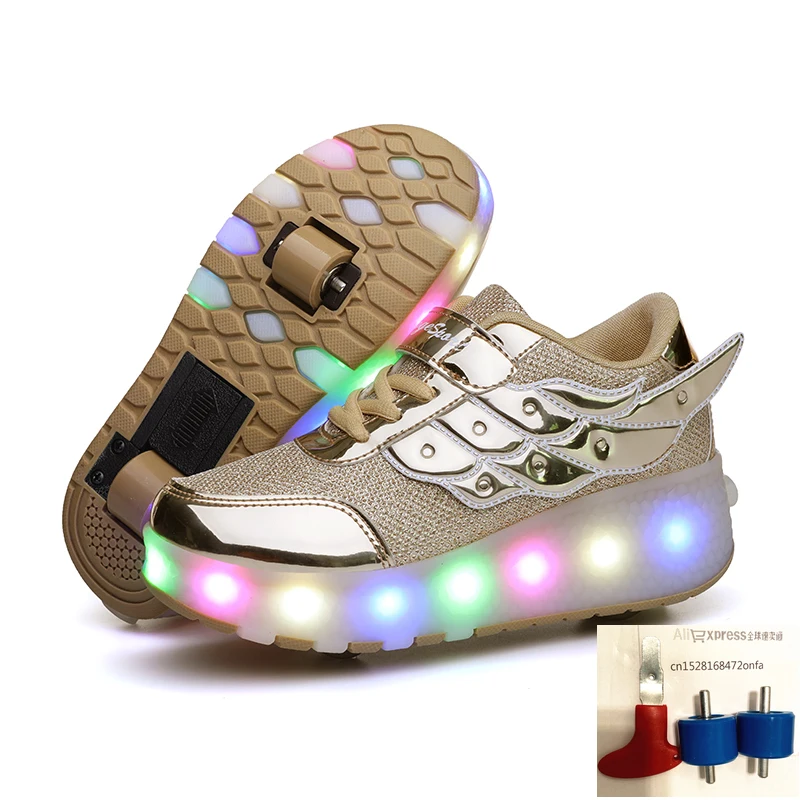 Children One Two Wheels Luminous Glowing Sneakers Gold Pink Led Light Roller Skate Shoes Kids Boys Girls USB Charging | Детская одежда