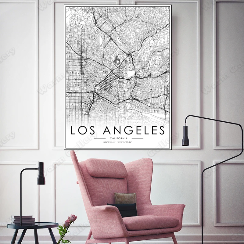 Черно-белая карта города Лос-Анджелес Плакат HD печать на стене искусство холсте