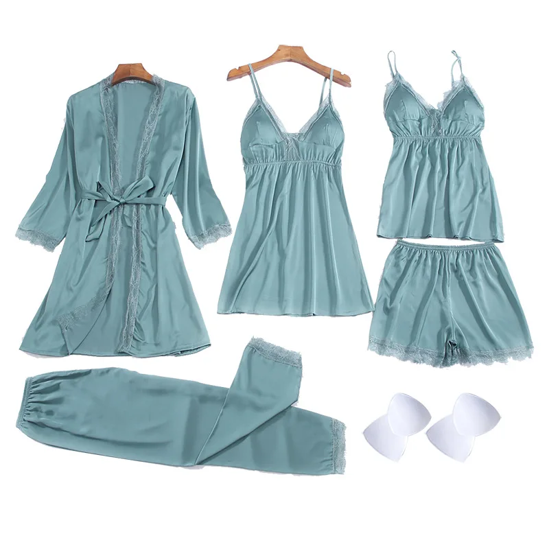 

Комплект одежды из 5 предметов: халат + ночная рубашка + топ + шорты, Шелковый Атласный банный халат, комплект летней одежды для сна, кружевной ...