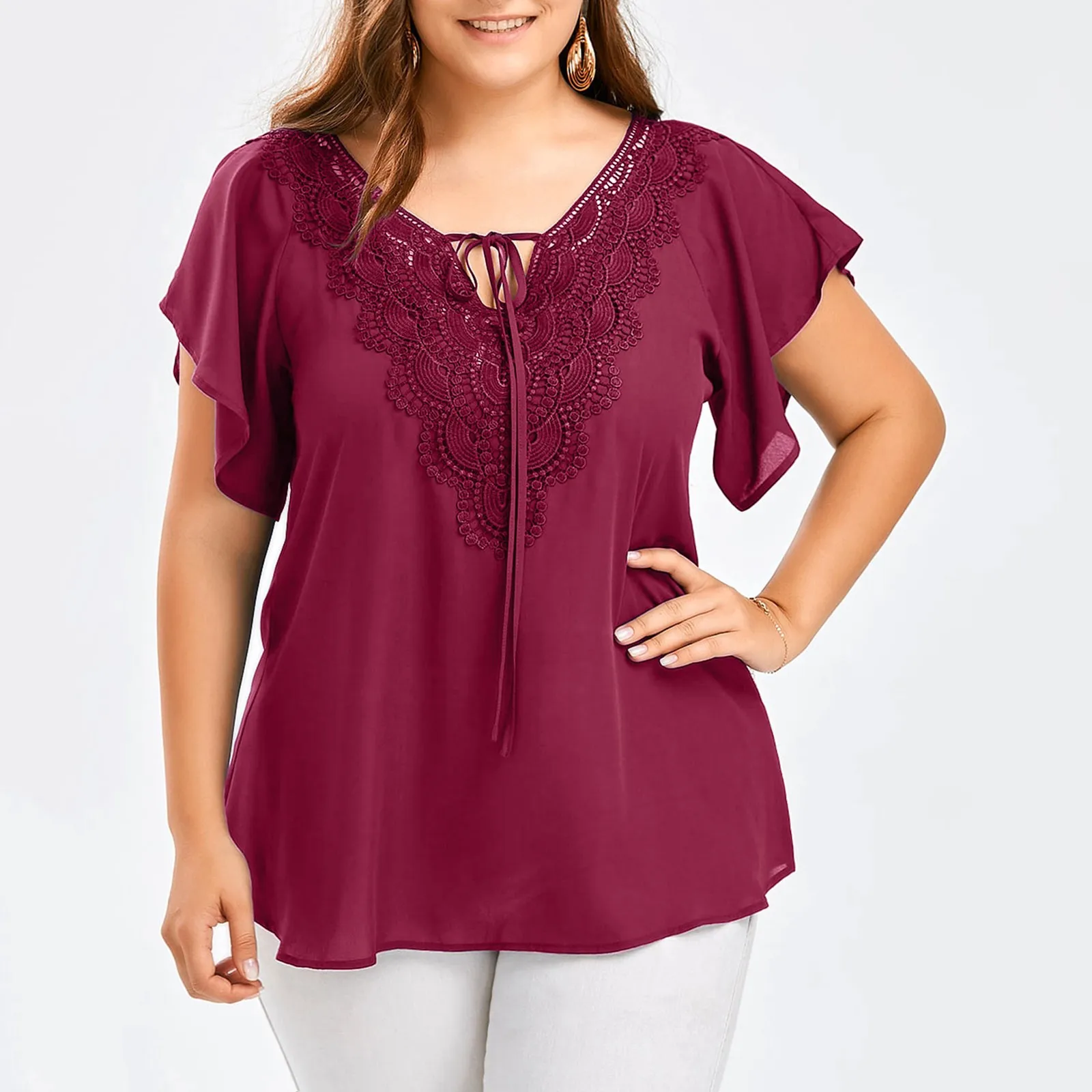 Blouse 2021 Summer new large size XL-L5 V-neck trumpet sleeve short-sleeved T-shirt lace stitching shirt women's bust 131CM
Blouse 2021 Summer new large size XL-L5 V-neck trumpet sleeve short-sleeved T-shirt lace stitching shirt women's bust 131CM