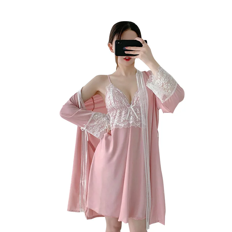 Summer Satin 2PCS Sleepwear Female Thin Silky Kimono Gown Sexy Burgundy Lace Patchwork Wedding Robe Casual Knee-length Nightgown
Summer Satin 2PCS Sleepwear Female Thin Silky Kimono Gown Sexy Burgundy Lace Patchwork Wedding Robe Casual Knee-length Nightgown