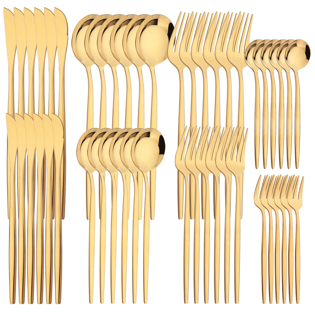 

48pcs Gold Cutlery Set Dessert Knife Fork Spoons Dinnerware Mirror Stainless Steel Tableware Flatware Western Kitchen Silverware