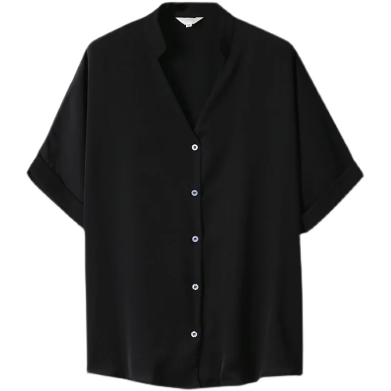 COIGARSAM Short Sleeve blouse women Summer Loose Chiffon V-Neck blusas womens tops and blouses Black 054 
COIGARSAM Short Sleeve blouse women Summer Loose Chiffon V-Neck blusas womens tops and blouses Black 054