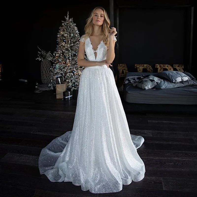 Женское свадебное платье в стиле бохо Thinyfull, кружевное блестящее платье с аппликацией и глубоким V-образным вырезом для вечеринки 
Женское свадебное платье в стиле бохо Thinyfull, кружевное блестящее платье с аппликацией и глубоким V-образным вырезом для вечеринки