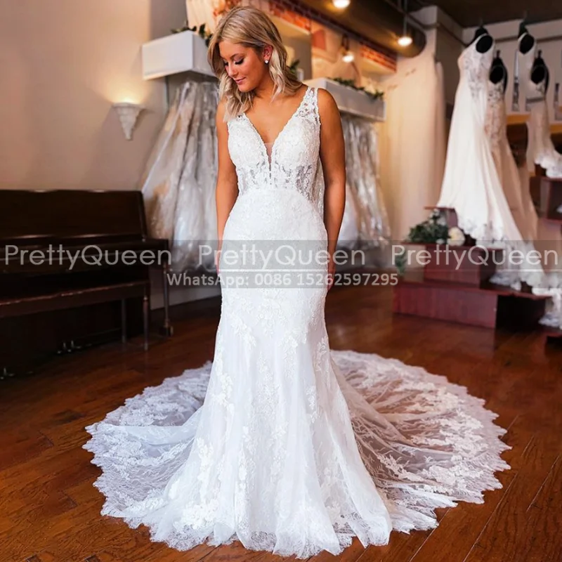 White Sheer Lace Mermaid Wedding Dress With Long Court Train Plunging Neck V Back Sleeveless Bridal Dresses Formal Gown
White Sheer Lace Mermaid Wedding Dress With Long Court Train Plunging Neck V Back Sleeveless Bridal Dresses Formal Gown