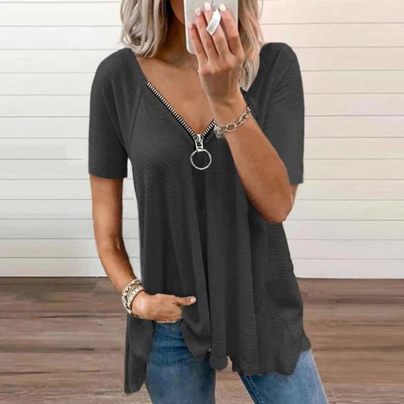 2021 Summer New Fashion V-Neck Zipper Design Blouse Women Shirts Elegant Short Sleeve Hollow Out Tops Female Casual Loose Blusa
2021 Summer New Fashion V-Neck Zipper Design Blouse Women Shirts Elegant Short Sleeve Hollow Out Tops Female Casual Loose Blusa
