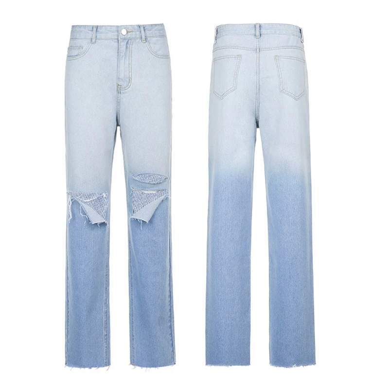 

Women High Waist Gradient Blue Color Jeans Vintage Ripped Distressed Hole Denim Pants Harajuku Hip Hop Straight Leg Loose Trouse