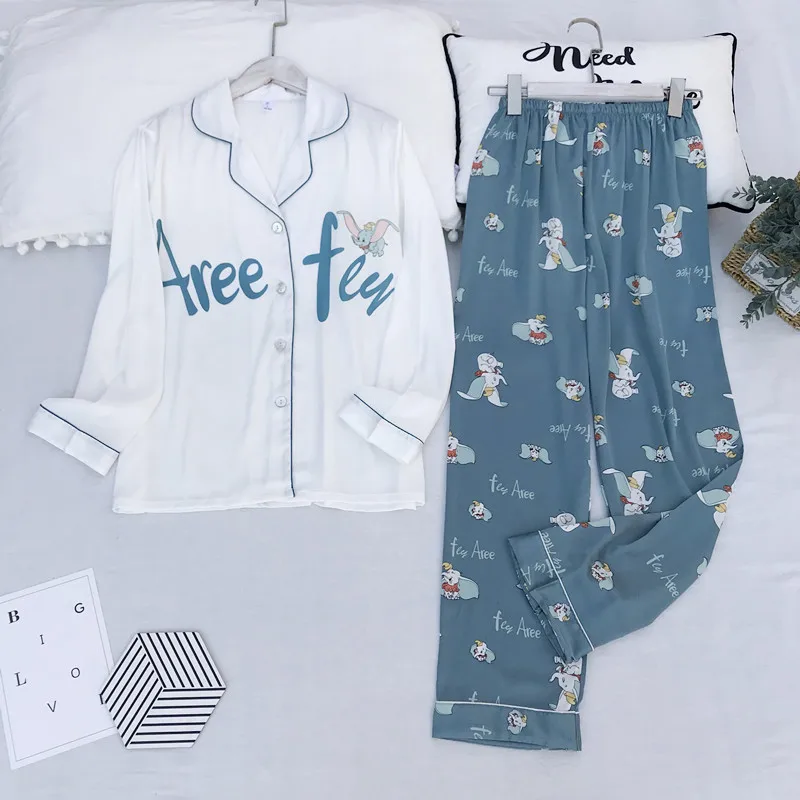 Summer Women's Homedress Pajamas Long Sleeve Trousers Nightgown Lapel Sleepwear Ice Silk Cartoon pattern Casual Home Clothing
Summer Women's Homedress Pajamas Long Sleeve Trousers Nightgown Lapel Sleepwear Ice Silk Cartoon pattern Casual Home Clothing